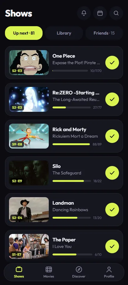 TV Track Shows tab: the Up next queue with the exact next episode of every series you follow