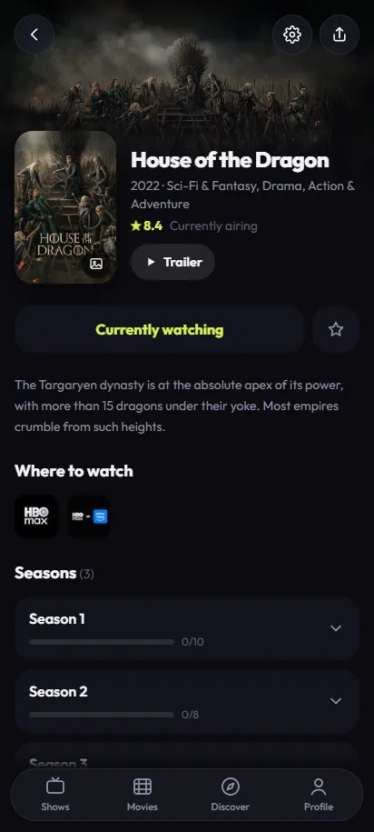TV Track show page: House of the Dragon with its trailer, where to watch and season progress