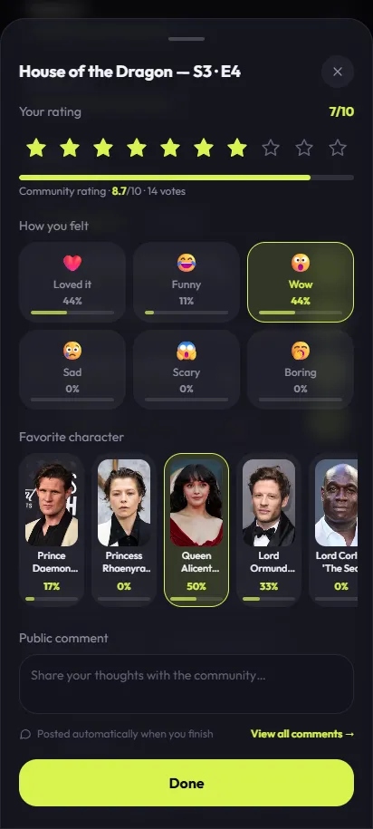 TV Track rating drawer: your score out of 10, community reactions in percent and favourite character vote