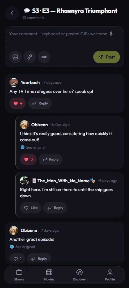 TV Track episode comments: threaded replies with likes, GIFs and automatic translation