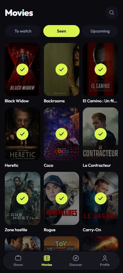 TV Track Movies tab: your films filtered by To watch, Seen and Upcoming