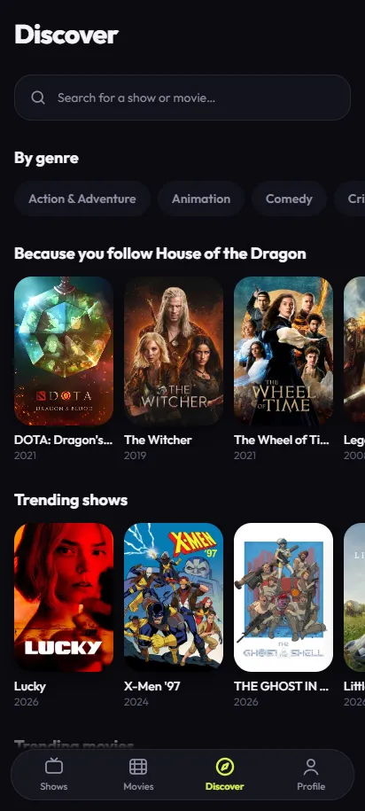 TV Track Discover tab: search, browsing by genre and personalised recommendations