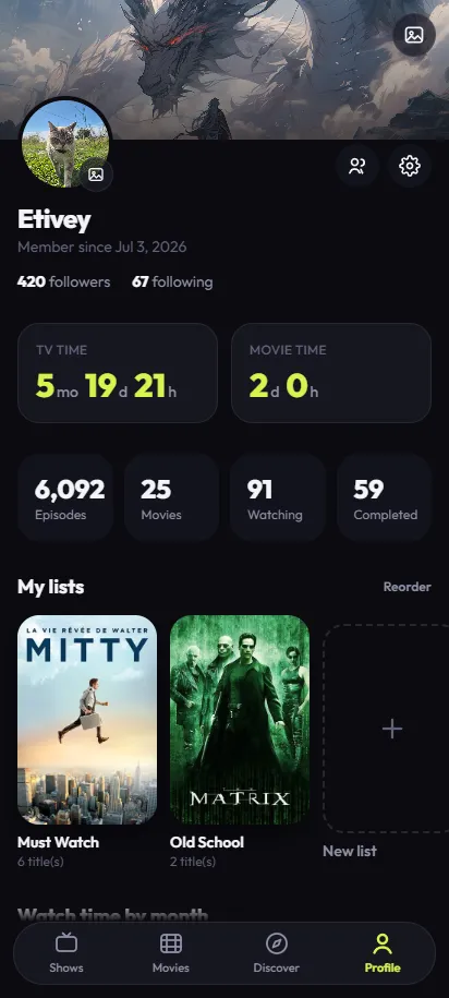TV Track profile: total watch time, followers and your custom lists