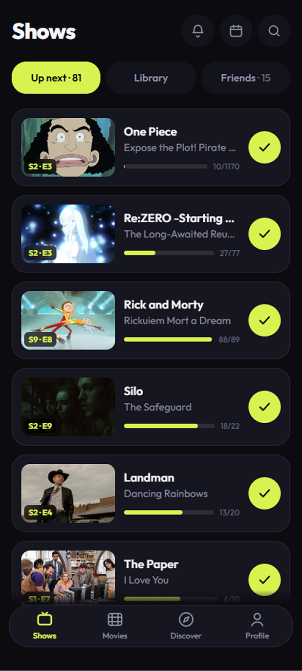 TV Track app preview showing next episode and watchlist